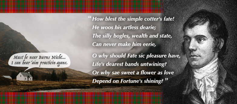 a portrait of Robert Burns with quote from his poem 'Fickle Fortune'